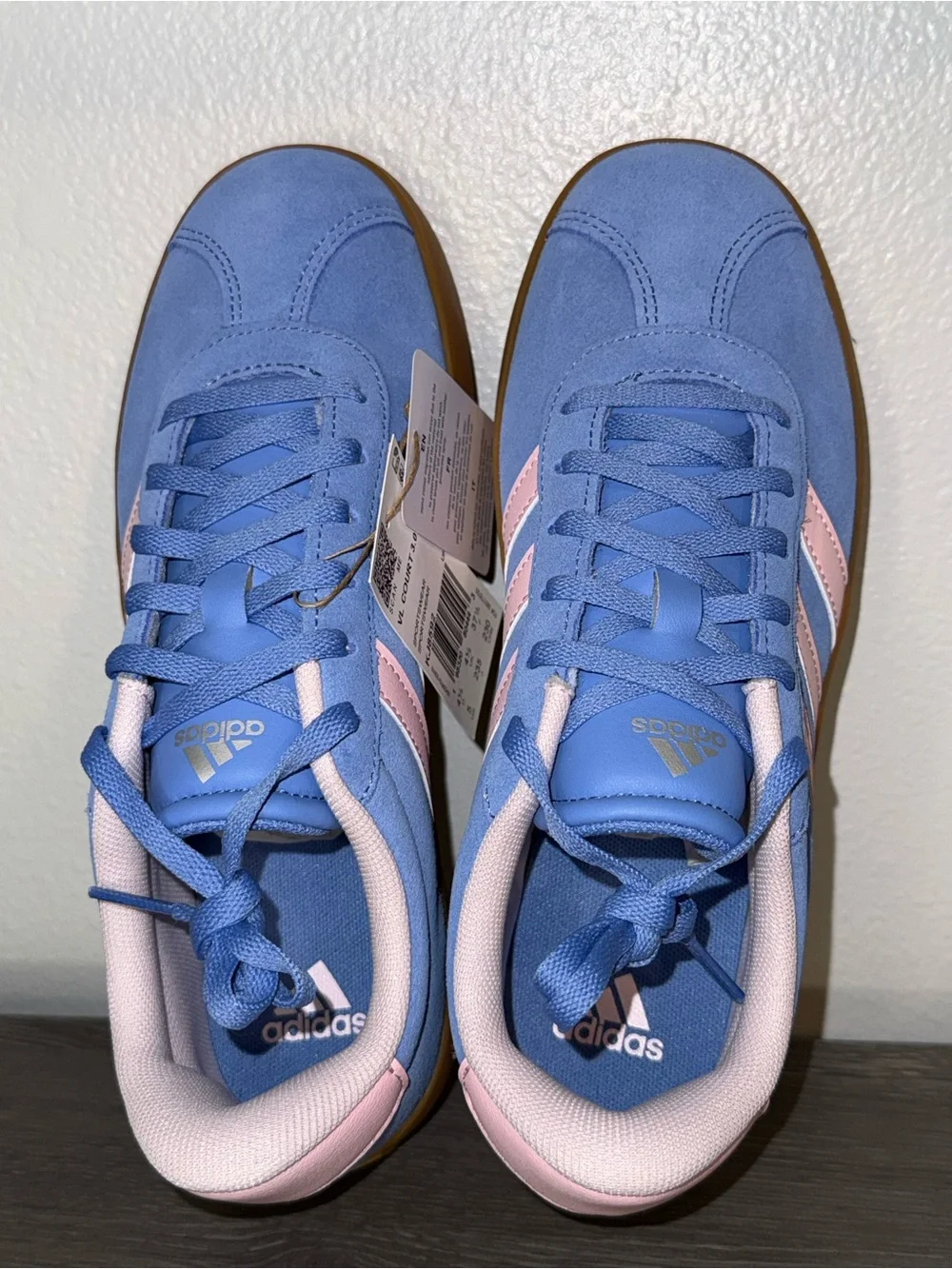 adidas VL Court 3.0 Blue Suede Sneakers w/ Pink Stripes & Gum Sole, Size 5Y NWT